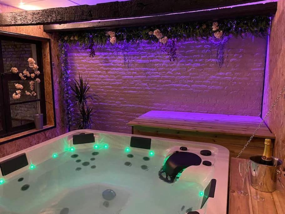 een bad in een kamer met paarse verlichting bij Gîte et SPA La Poterne in Bergues