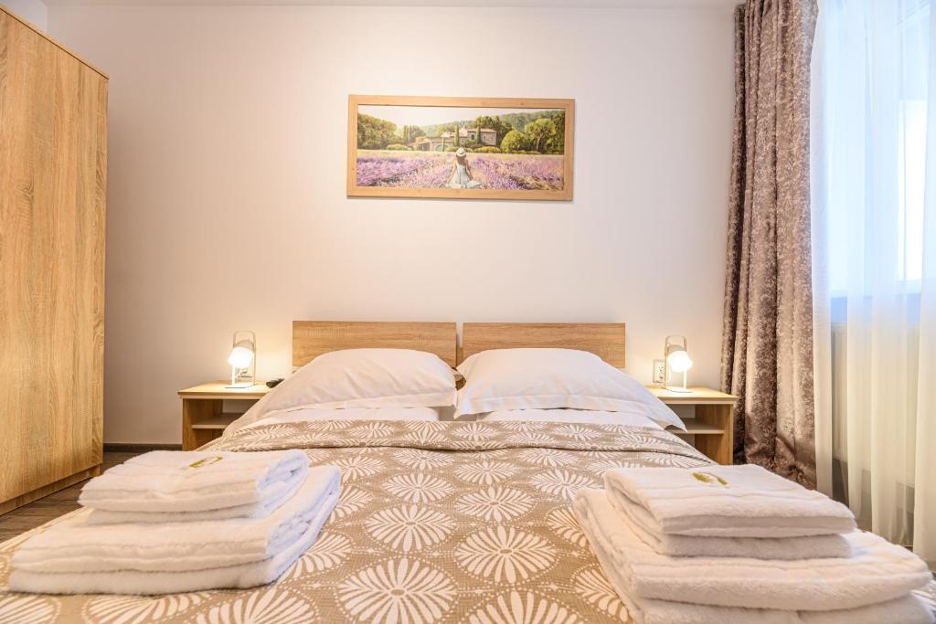 - une chambre avec un lit et des serviettes dans l'établissement Sona Plus, à Braşov