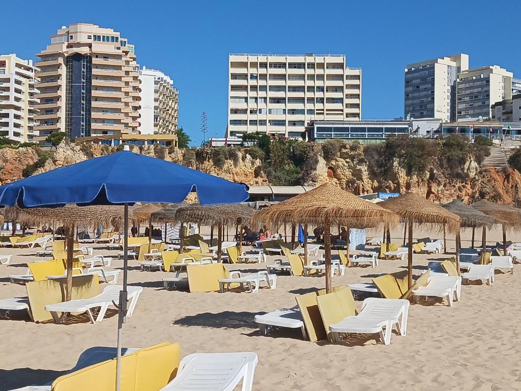 un mucchio di sedie e ombrelloni su una spiaggia di Varandas da Rocha a Portimão