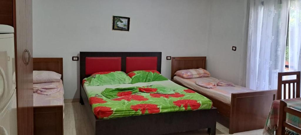 - une chambre avec 2 lits avec des draps verts et rouges dans l'établissement Synergy dhoma qera, à Durrës