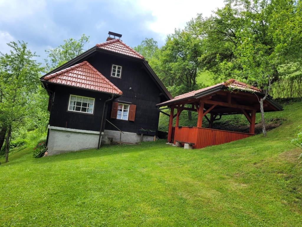 a black house with a red roof on a hill at HIŠKA SILVA in Mislinja