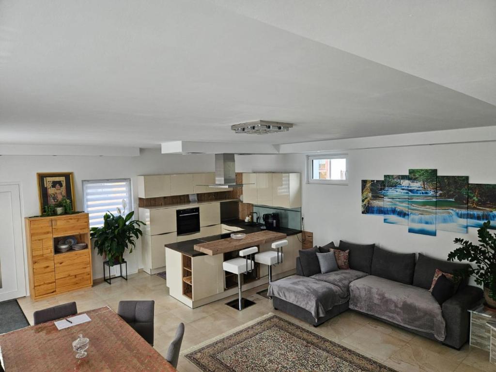 ein Wohnzimmer mit einem Sofa und einer Küche in der Unterkunft Ferienhaus Vagner in Furth