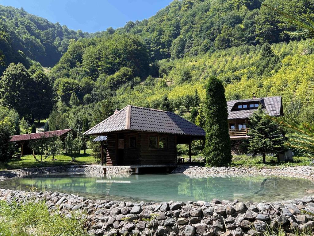 eine kleine Hütte inmitten eines Flusses in der Unterkunft Vikendica Green Forest, Zenica in Zenica