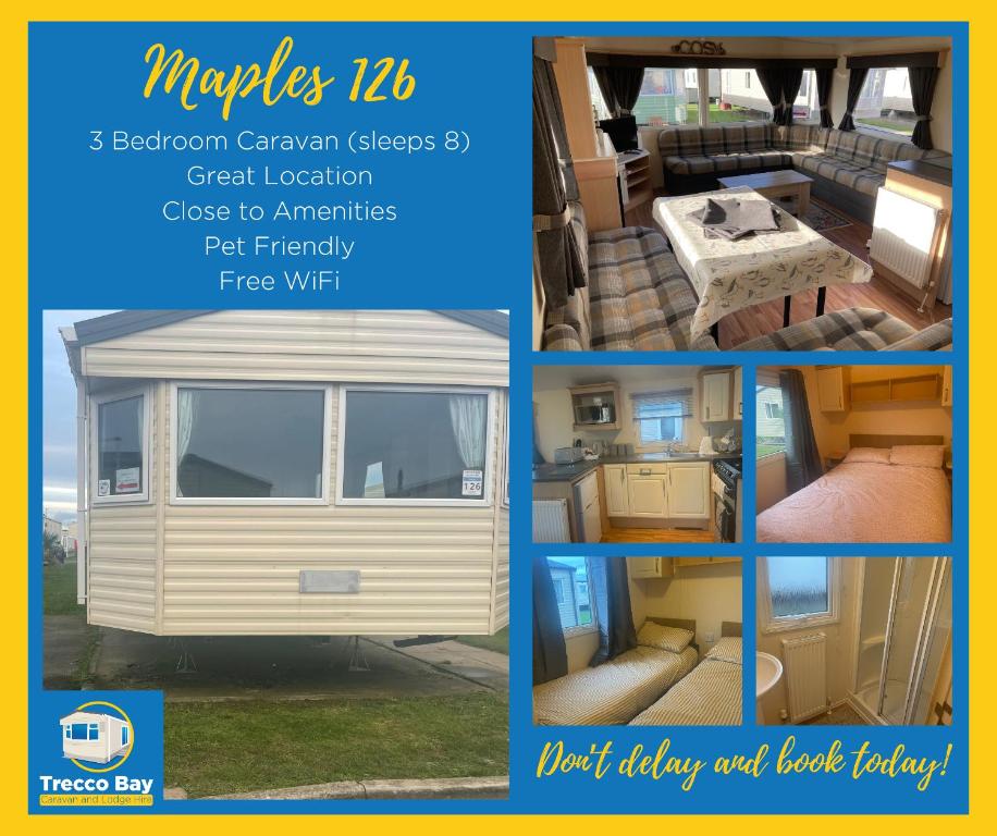 eine Collage von vier Bildern eines winzigen Hauses in der Unterkunft 3 Bedroom Caravan - Maples 126, Trecco Bay in Newton