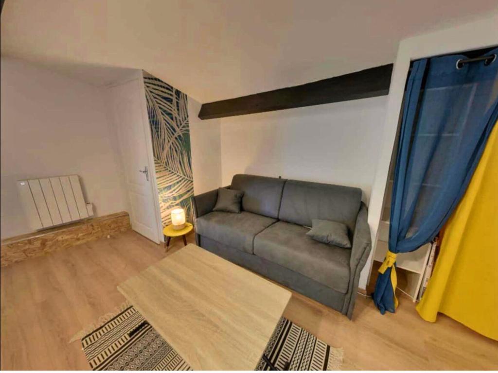 - un salon avec un canapé et une table dans l'établissement Appartement cosy et moderne Rodilhan, à Rodilhan