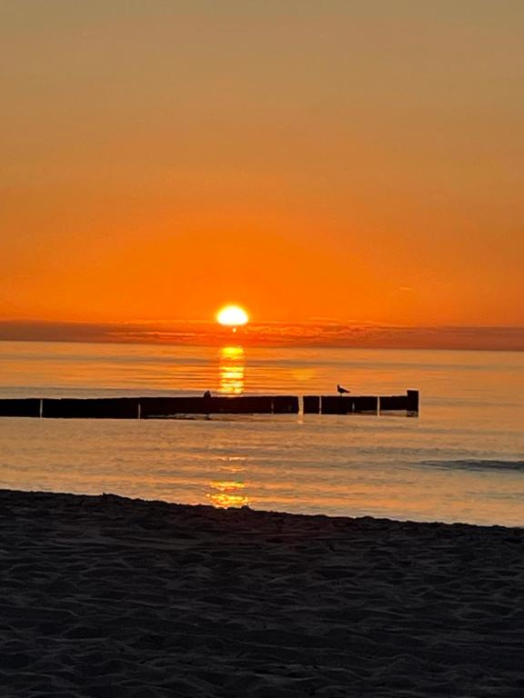 a sunset on the beach with a pier in the water at Apartment Strandglück in Dierhagen