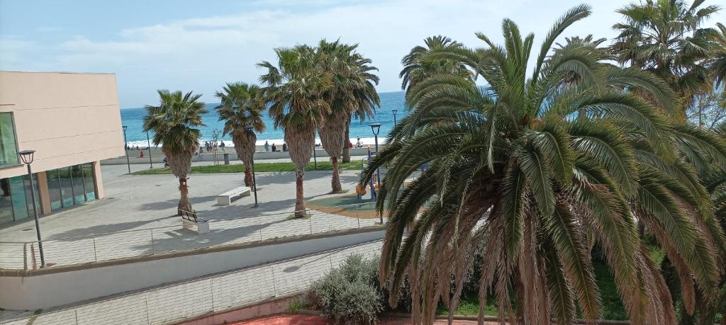 vistas a la playa y a las palmeras desde un edificio en A UN PASSO DAL MARE, en Riva Trigoso