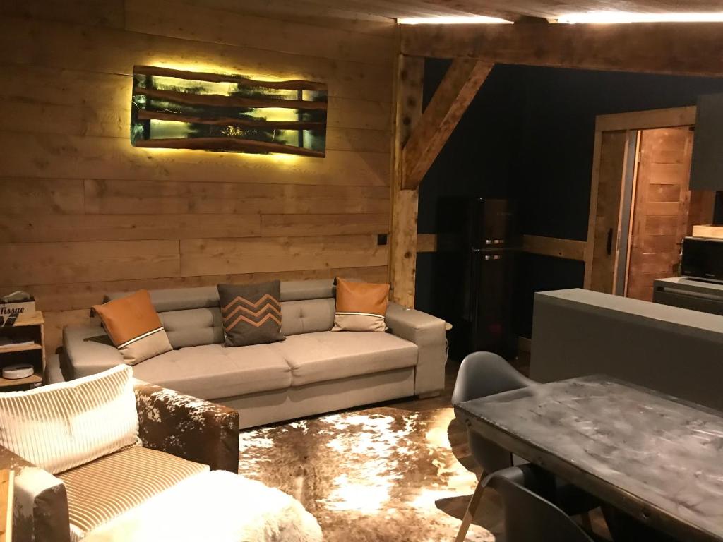 un salon avec un canapé et une table dans l'établissement Appartement Alema, à Praz-sur-Arly