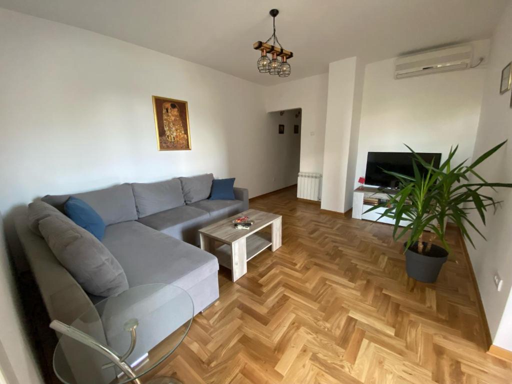 - un salon avec un canapé et une télévision dans l'établissement Apartment Riverside, à Novi Beograd