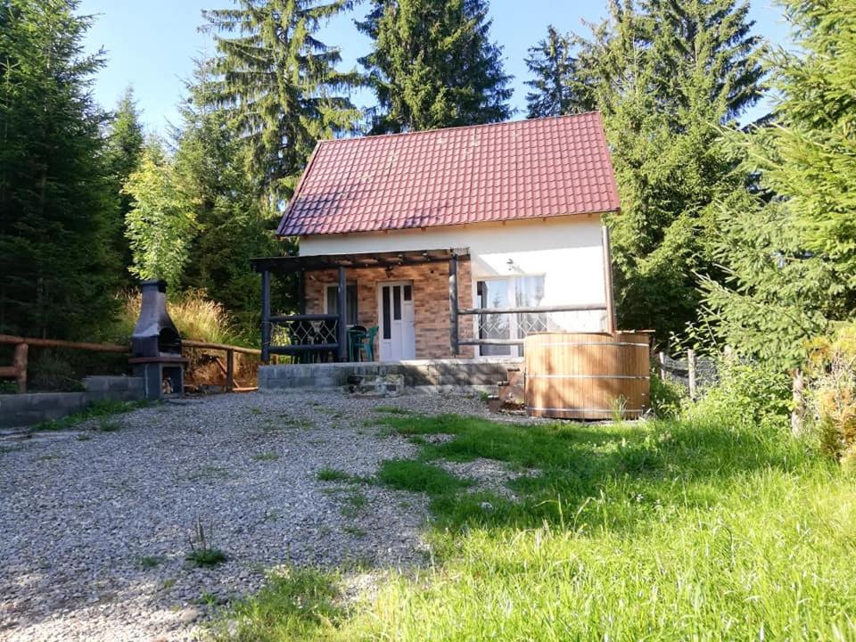 a small cottage with a red roof in a yard at Casa Fresh in Sântimbru-Băi