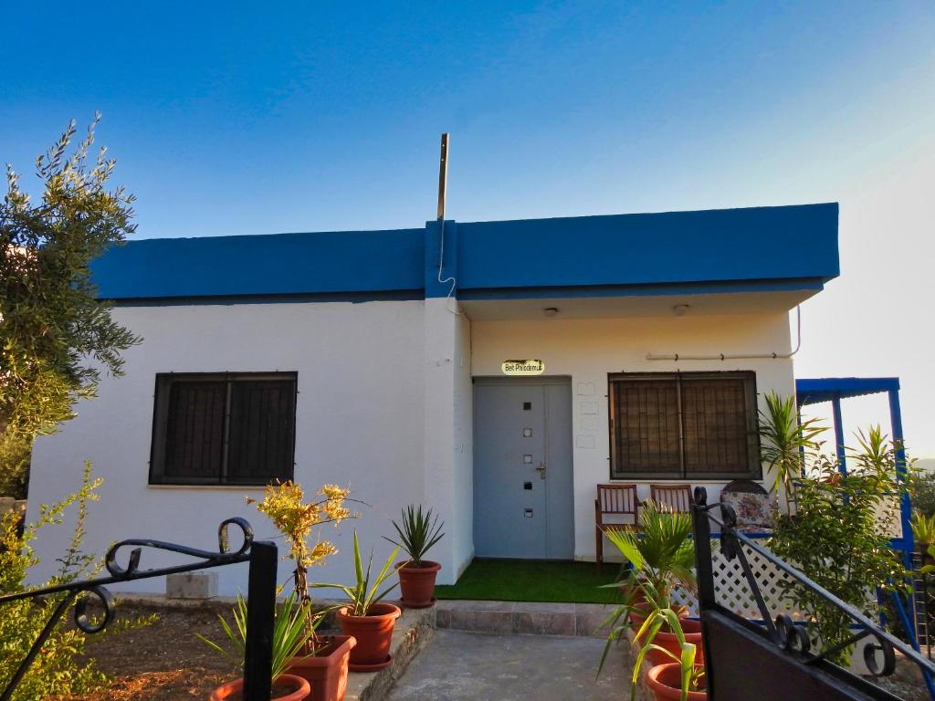 une maison blanche avec un toit bleu et des plantes dans l'établissement Beit Philodemus, à Um Qeis