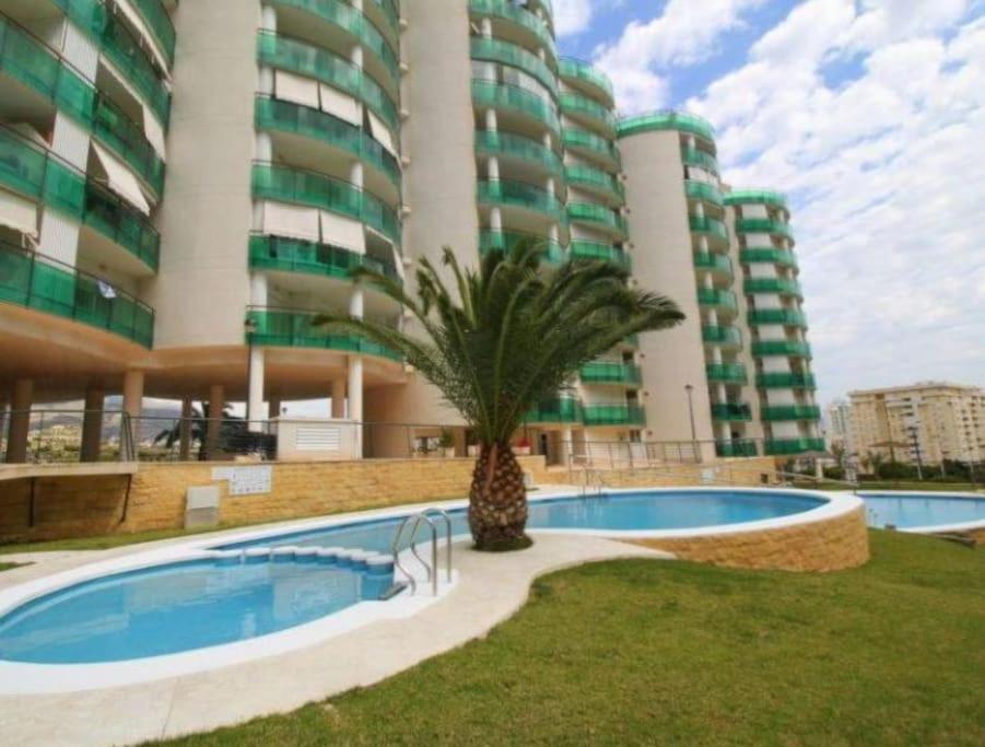 een palmboom voor een gebouw met een zwembad bij Precioso apartamento en complejo residencial con piscina,barbacoa y pista de padel. in Villajoyosa
