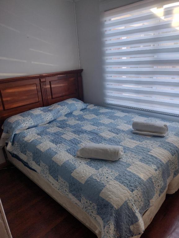 1 dormitorio con 1 cama con 2 almohadas en casa sergio en Punta Arenas