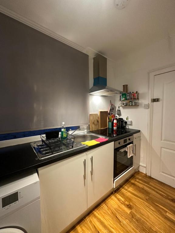 een keuken met een wastafel en een fornuis top oven bij 1 Bedroom Flat in Notting Hill, Portobello in Londen