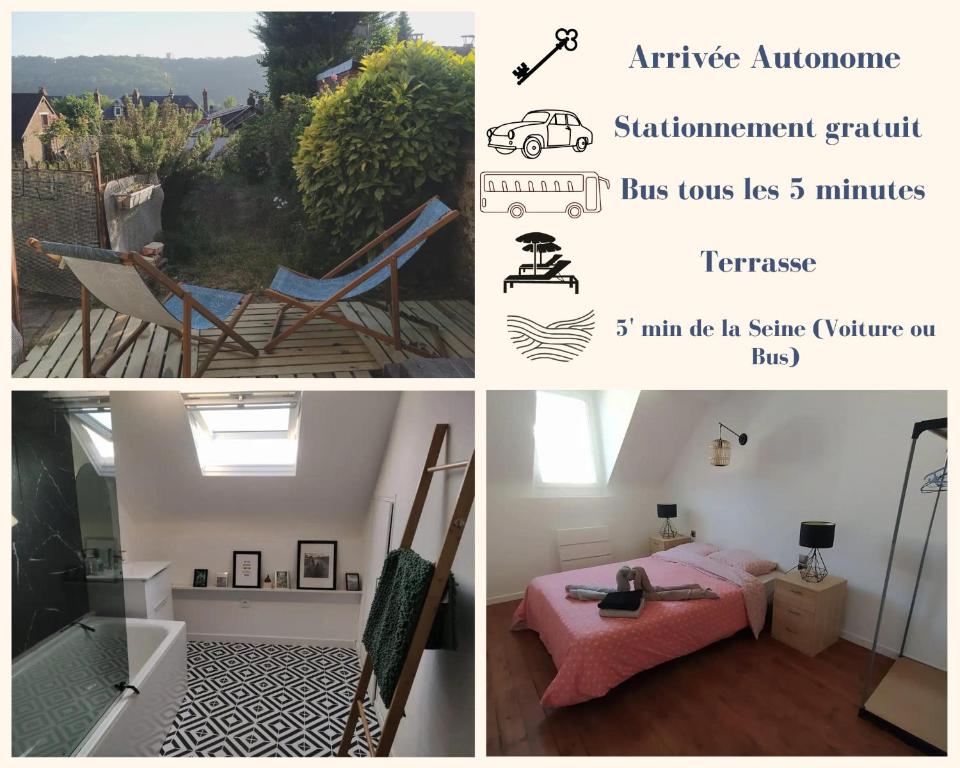 a collage of pictures of a room with a bed and a view at Le Nid Normand avec Terrasse - Stationnement facile et Gratuit - 5 min Seine in Déville-lès-Rouen