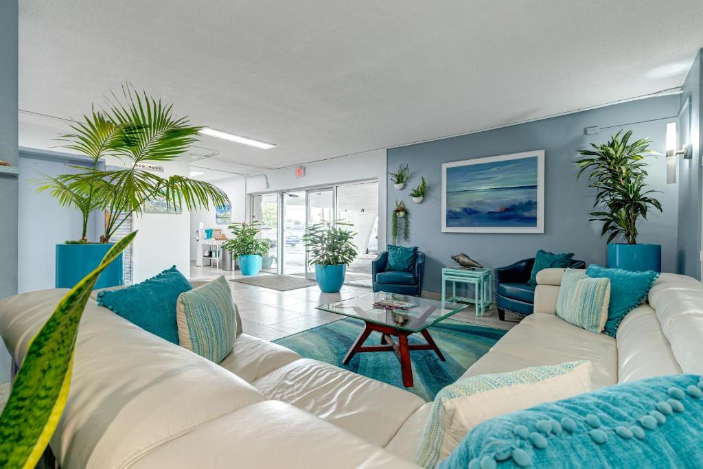 a living room with a white couch and blue walls at Turtle Time Suite in Satellite Beach