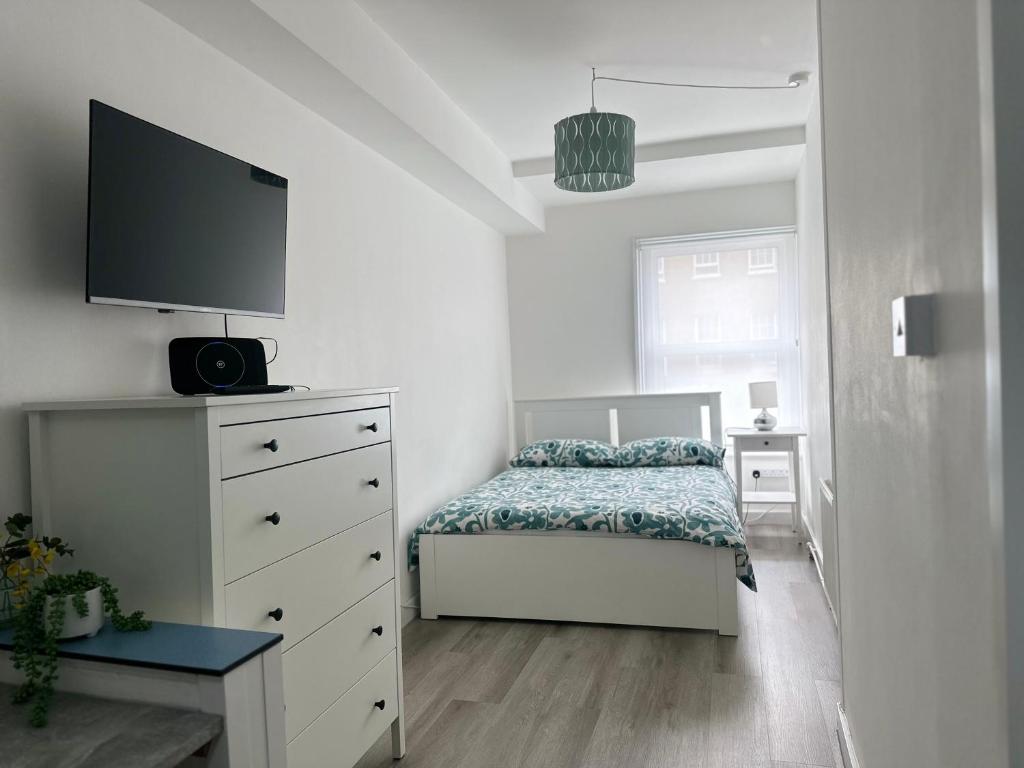 1 dormitorio con 1 cama y vestidor con TV en High Barnet Studio Flat, en Barnet