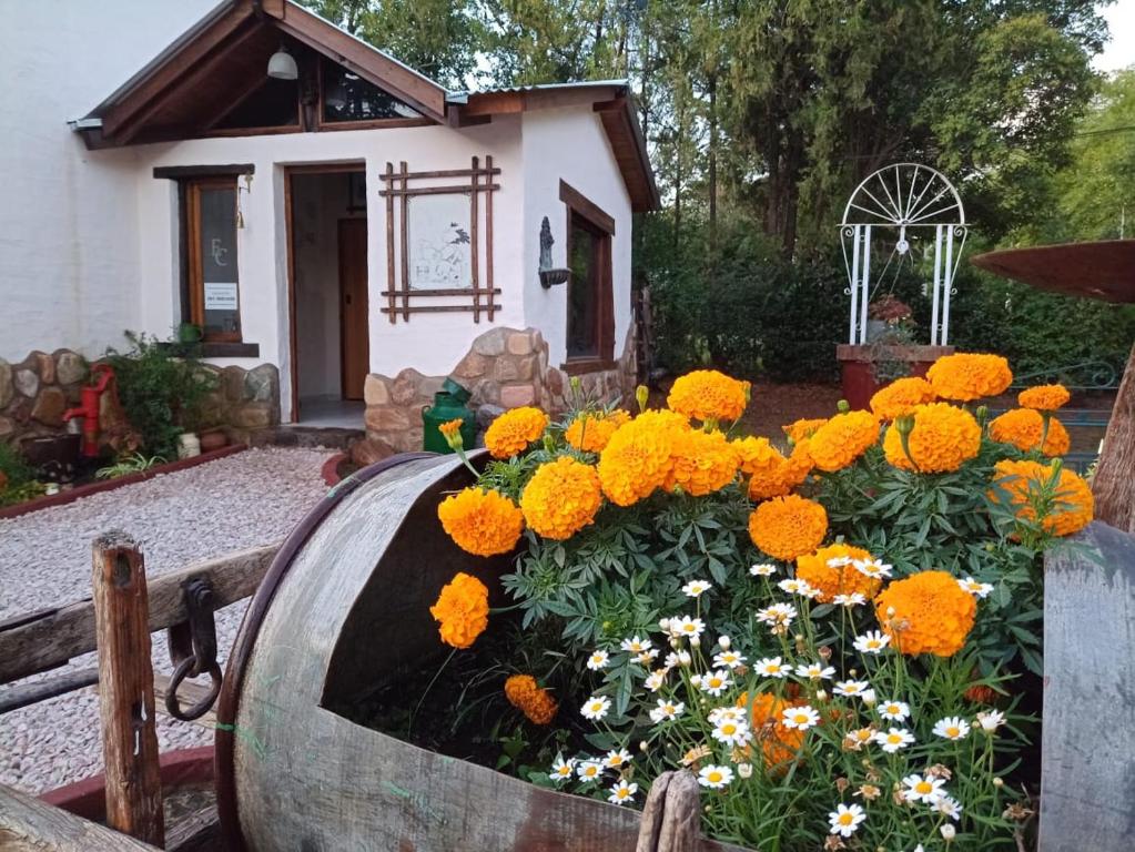 un ramo de flores en un barril delante de una casa en El Campo en Sierra de la Ventana