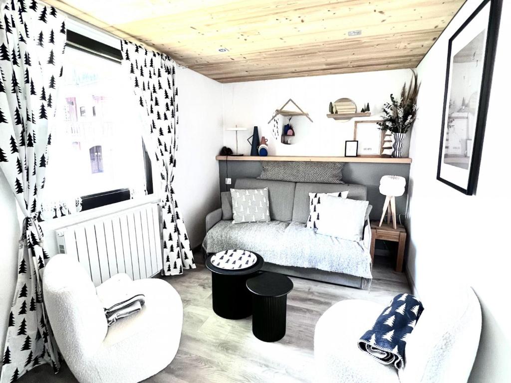 - un petit salon avec un canapé et une chaise dans l'établissement Appartement au cœur des Gets, proche des remontées, 2 chambres, 5 pers, Wi-Fi, parking privé - FR-1-671-44, aux Gets