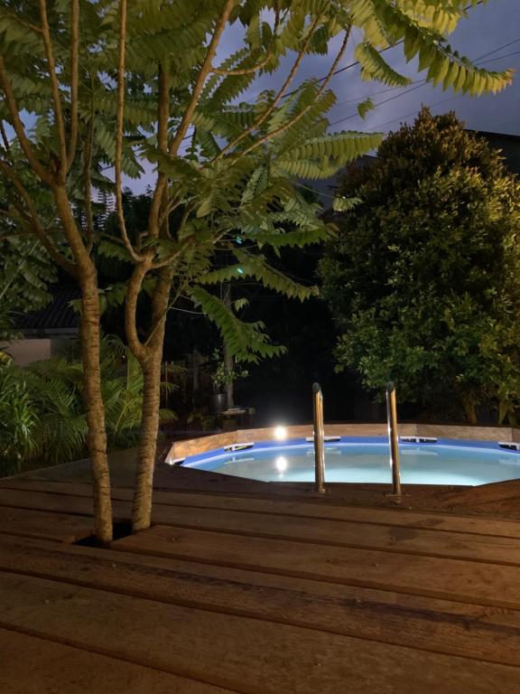 een zwembad 's nachts met twee bomen bij Green Leaves Garden - Pinnawala in Pinnawala
