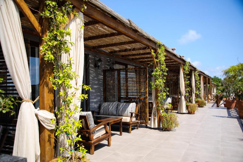 a patio with chairs and plants on a building at MAVİ AT HOTEL Blue Horse in Gümüşdere