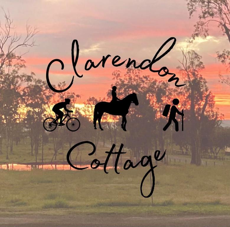three people riding bikes and a horse and a sunset at Clarendon Cottage , near lowood in Clarendon