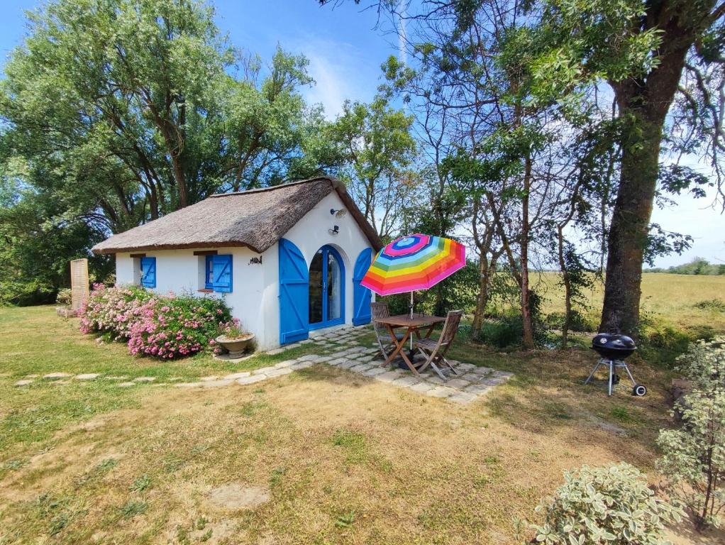 une petite maison avec un parasol coloré à côté d'un grill dans l'établissement Les bourrines du marais, Le bourrineau, à Sallertaine