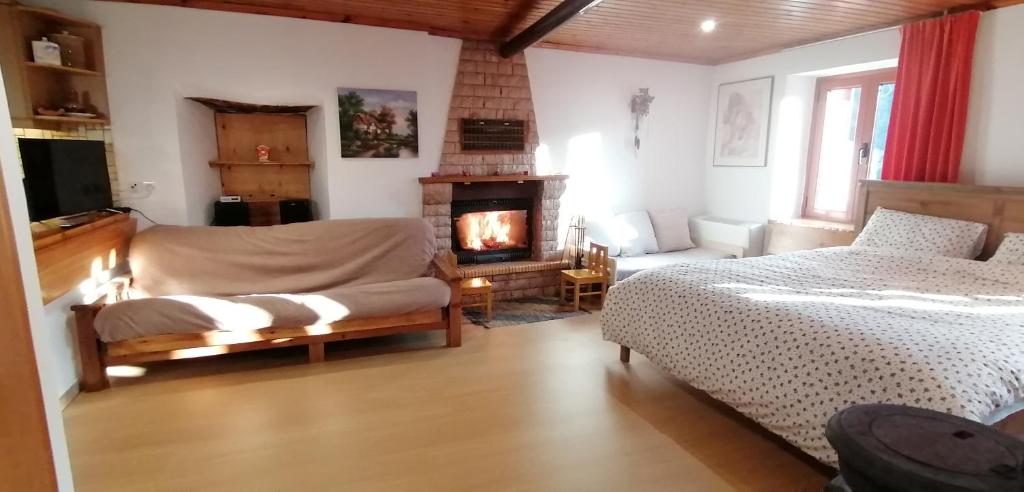 a bedroom with a bed and a fireplace in it at Adonis Guest House in Dimitsana