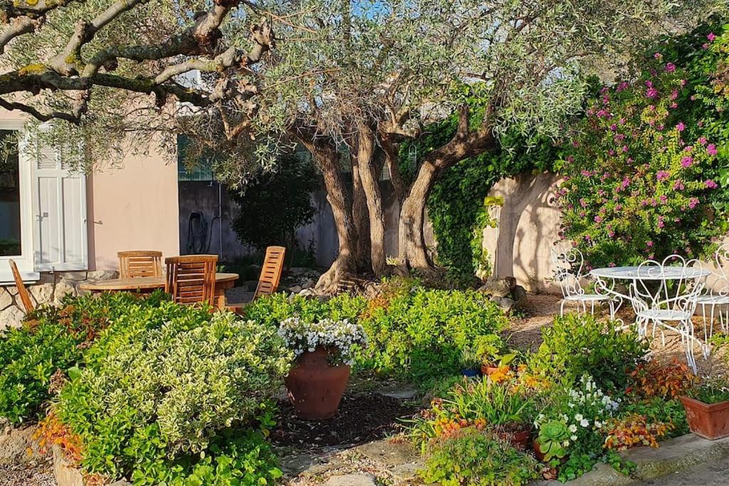 un jardin avec une table et des chaises sous un arbre dans l'établissement Two bedroom apartment garden parking near beaches, à La Ciotat