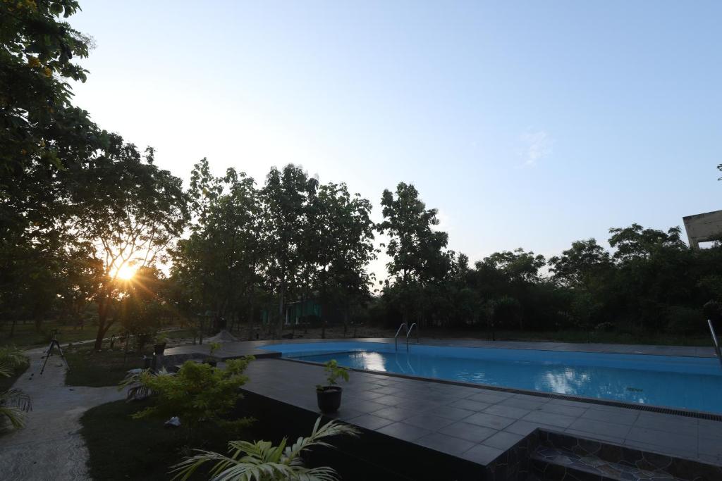a swimming pool in a yard with the sun setting at Green Nest Yala in Hambantota