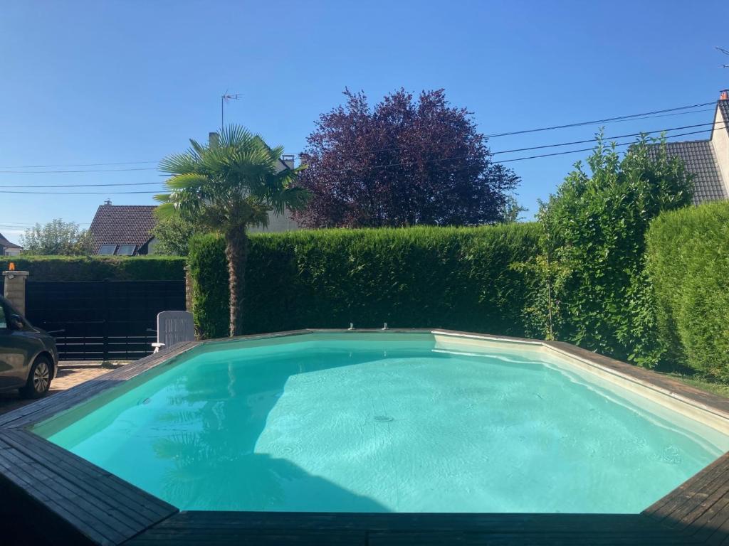 a swimming pool in a yard with a palm tree at Chez Christine et Claude in Neufmontiers-lès-Meaux