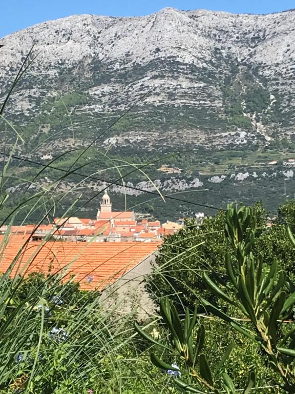a view of a town with a mountain in the background at Apartment and rooms Jurišić in Korčula