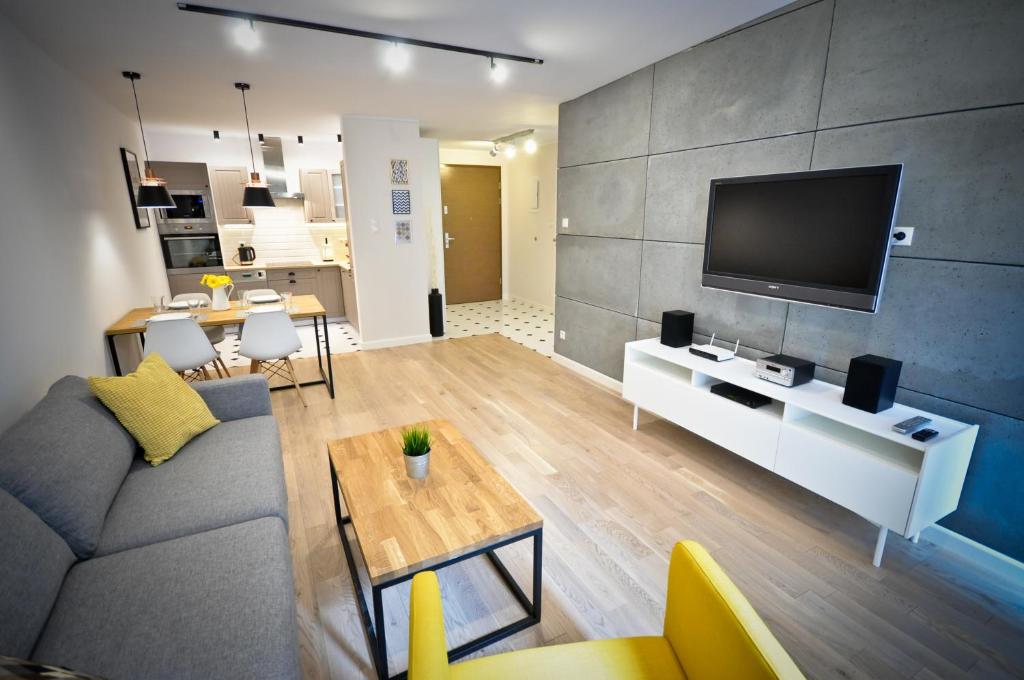 索波特的住宿－Unique Apartment Aquarius II，带沙发和电视的客厅
