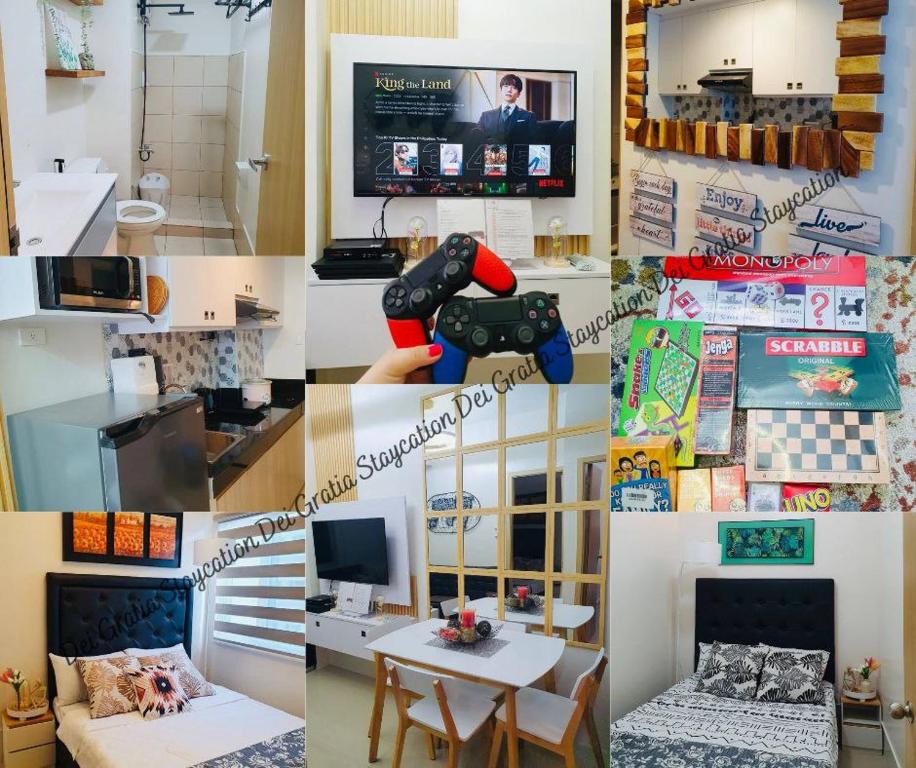 a collage of photos of a kitchen and a living room at 1 Br CONDO Vine Residences Quezon City with POOL NETFLIX WIFI VIDEOKE BOARD GAMES in Manila