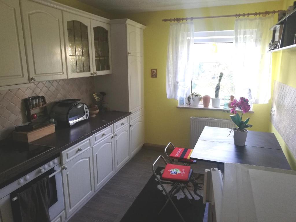 een keuken met witte kasten en een tafel en een raam bij Ferienwohnung Sonnenblume in Pfaffroda