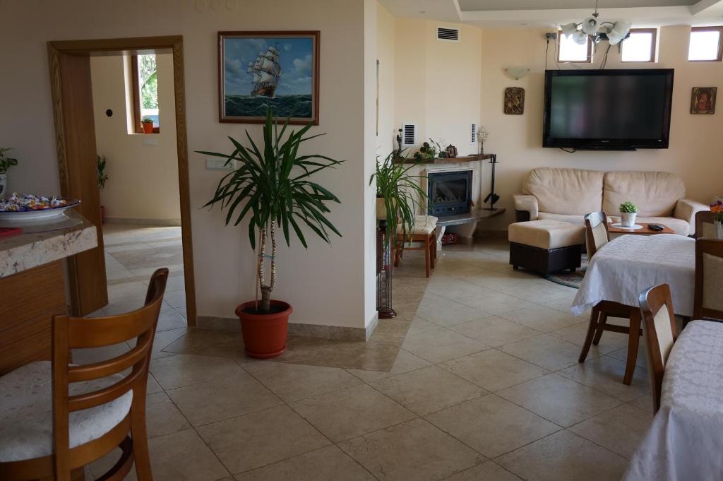 a living room with a potted plant and a tv at Guest House Golden Flake 4km from Bolata beach in Bŭlgarevo