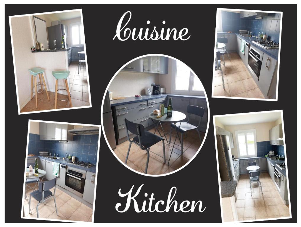 a collage of photos of a kitchen with blue at Maison de plein pied, 80m2, 2 ch., jardin clos in Quiberon