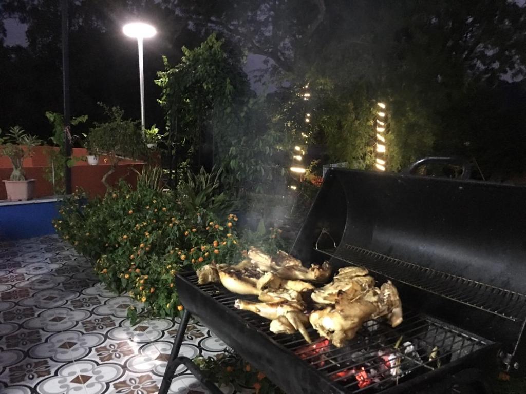 a chicken cooking on a grill in a backyard at night at Catba Papillon Garden Bungalows & Resort in Cat Ba