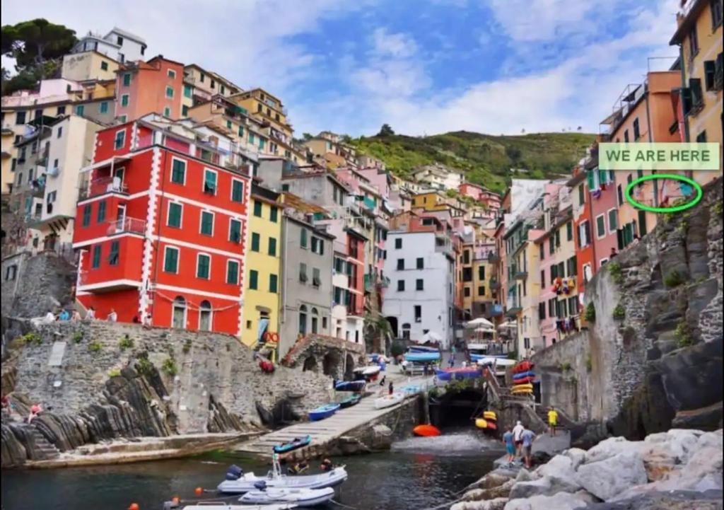 a city with boats in a river with buildings at Il mare in casa in Riomaggiore