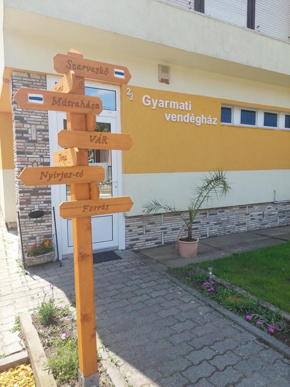 a wooden street sign in front of a building at Gyarmati vendégház in Sirok