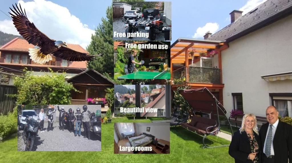 un collage de fotos de una casa con un águila en Pension Steinadler Garden and private parking, en Murau