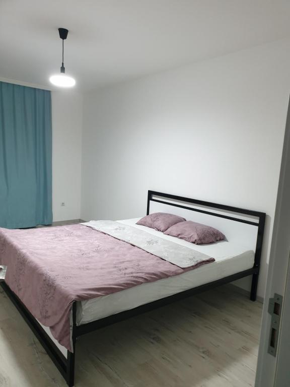 Budget Stay Guest House في Kosovo Polje: غرفة نوم مع سرير مع وسائد وردية عليه
