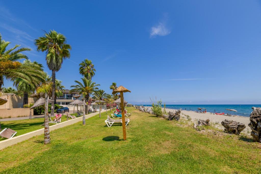- un parc à côté de la plage avec des palmiers et l'océan dans l'établissement Résidence San Pellegrino, à Folelli