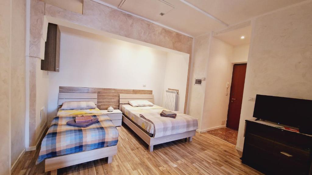 een slaapkamer met 2 bedden en een flatscreen-tv bij Soleluna in Piacenza