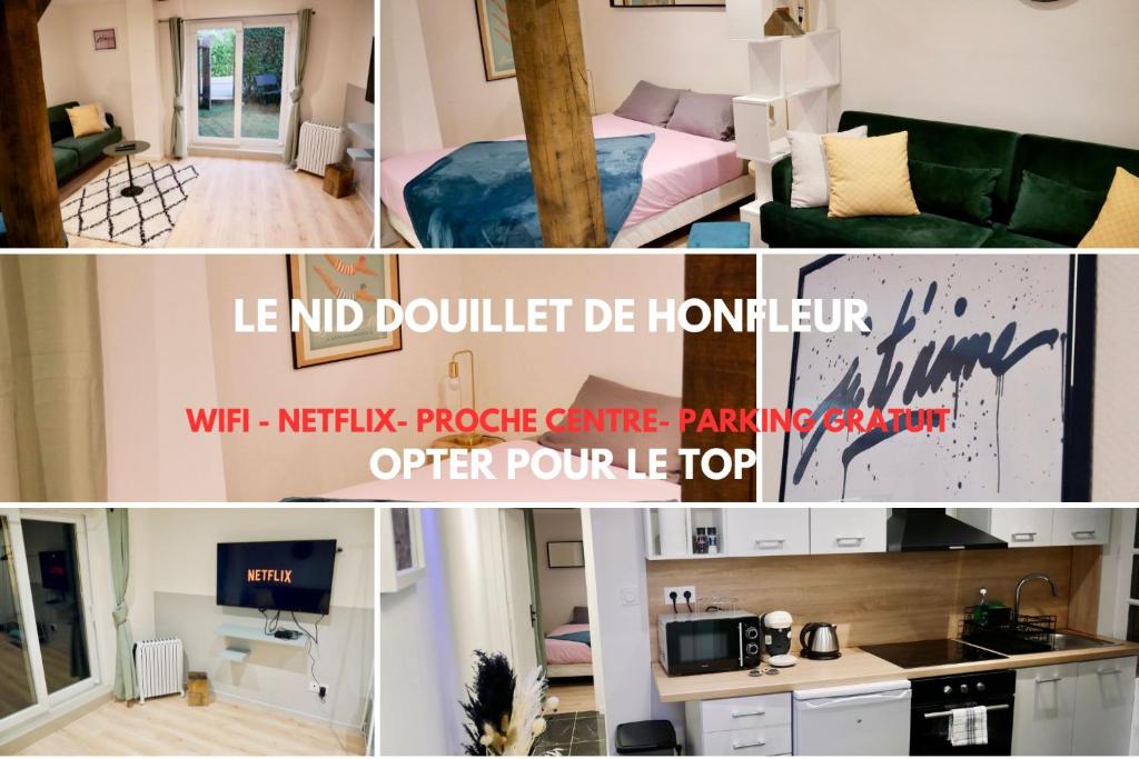 un collage de fotos de un pequeño apartamento en Le nid douillet d'Honfleur, en Équemauville