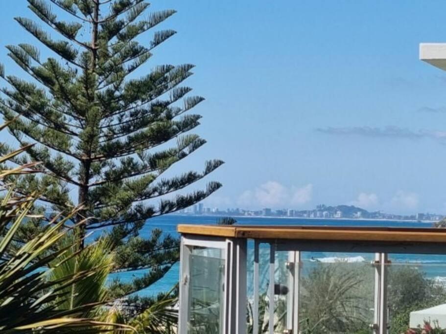 a pine tree on a balcony with a view of the ocean at Beachside on Brakes in Gold Coast