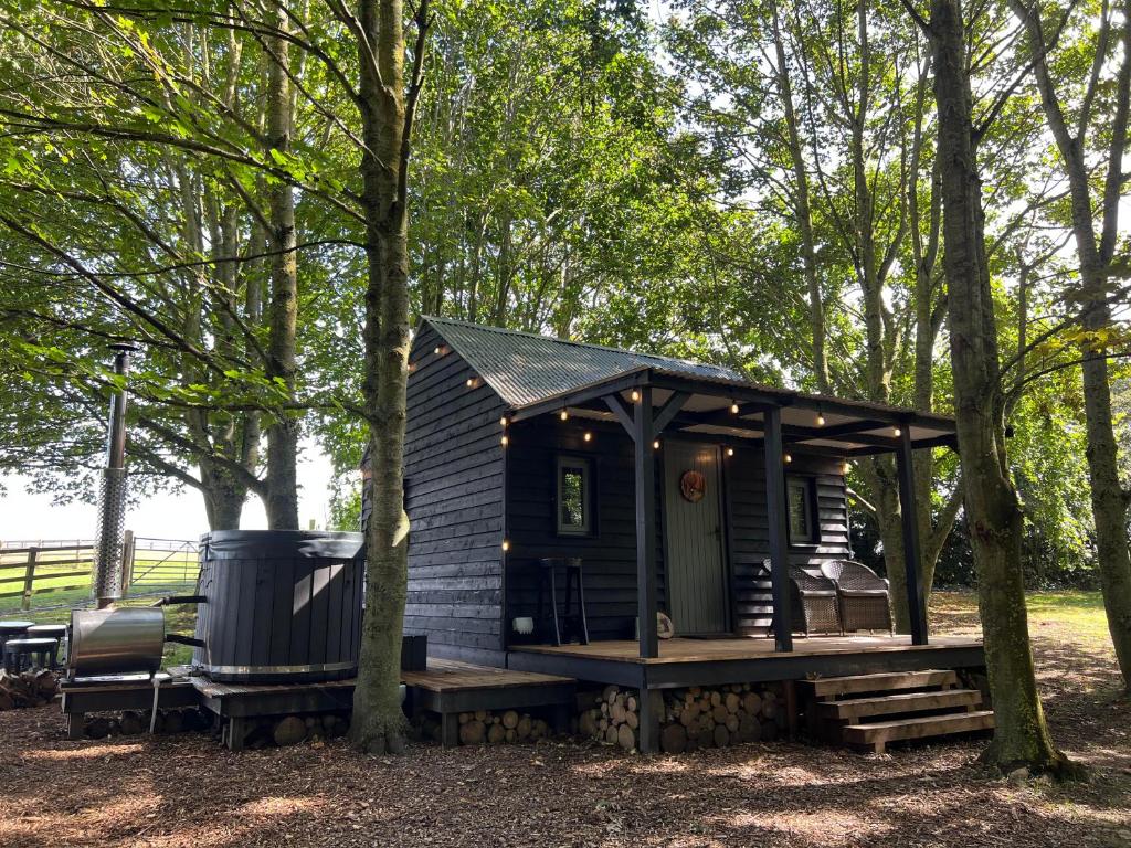 a black tiny house in the woods with a porch at Luxury Woodland Lodge in Newport Pagnell