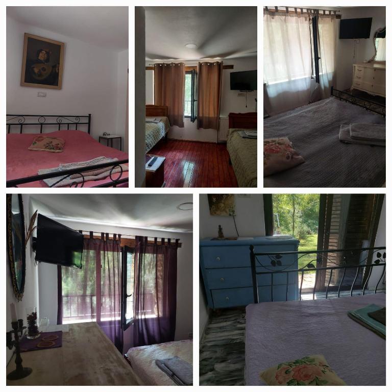 a collage of four pictures of a bedroom at Casa de Piatra in Socolari