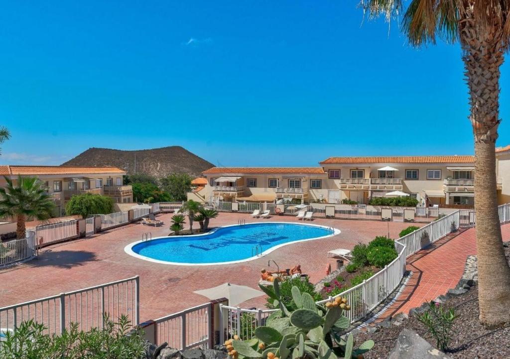 美洲海灘的住宿－Sunny Garden 1 BR Apartment Arona，一个带游泳池和棕榈树的度假村