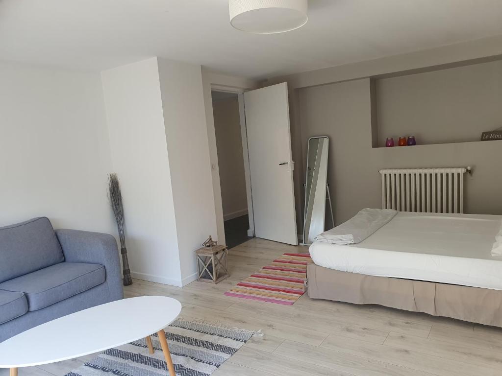 ein Schlafzimmer mit einem Bett und einem blauen Sofa in der Unterkunft Appartement au rez-de-chaussée d'une maison in Pessac